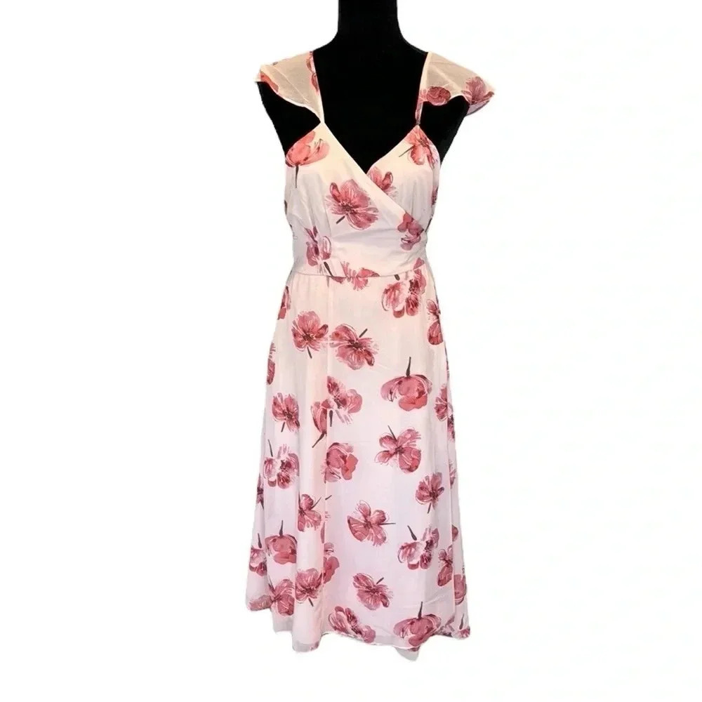 Hutch Sweet Hints and Soft Whispers Pink Floral Wrap Midi Dress XL Coquette